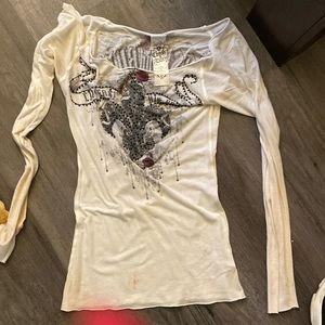 CRASH AND BURN. Jeweled ans studded long sleeve scoop neck top